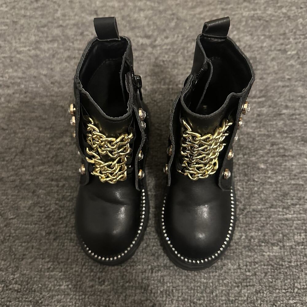 Kurt Geiger London Mini Bax Black Leather Chain Combat Boots Gold Crystal 24/8M - Picture 2 of 7